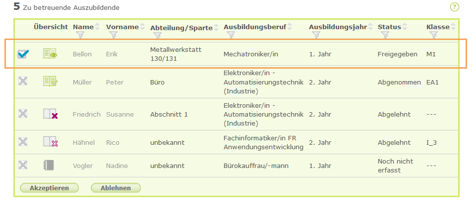 Externe Ausbilder - Azubi im Berichtsheft auswählen - Schnellansicht_de.png