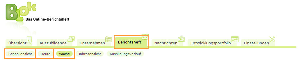 Externe Ausbilder - Navigationsleiste Bereiche des Berichtsheftes_de