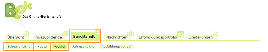 Berichtsheft - Navigationsleiste Schnellansicht, Heute, Woche_de.png