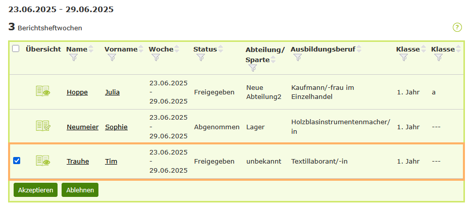 Berufsschullehrer - Azubi im Berichtsheft auswählen - Schnellansicht_de.png