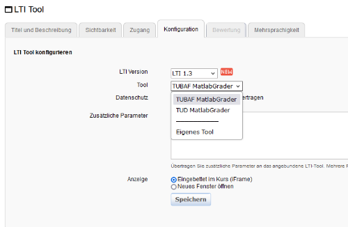 Kurseditor - Konfiguration  hinterlegtes LTI-Tool_de