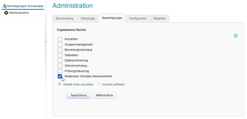 Screenshot des Bereichs "Berechtigungen" in einer Rechtegruppe. Aktiviert ist unter "Zugewiesene Rechte" die neue Option "Moderation Virtuelles Klassenzimmer"