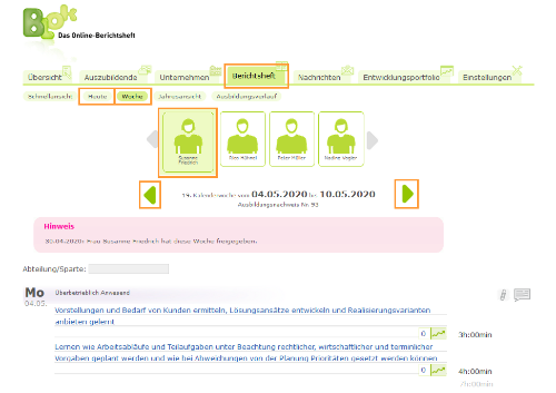 Externe Ausbilder - Heute- und Wochenansicht im Berichtsheft_de.png