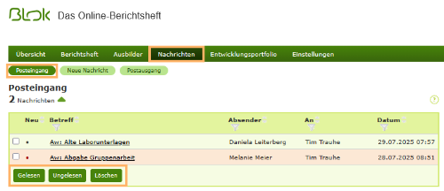 Auszubildende - Aktionen im Posteingang