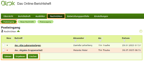 Auszubildende - Aktionen im Posteingang