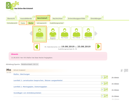 Berufsschullehrer - Heute- und Wochenansicht im Berichtsheft_de.png