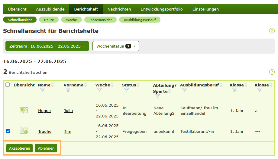 Berufsschullehrer - Berichtsheft akzeptieren oder ablehnen - Schnellansicht_de.png