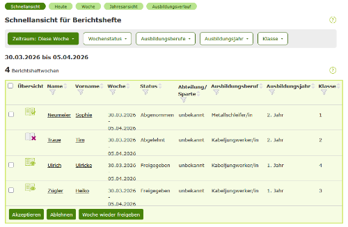 Schnellansicht von Berichtsheftwochen für Ausbilder