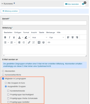 Screenshot Kursbaustein Mitteilung. Hervorgehoben sind die neuen Optionen zum Senden der Mitteilung per E-Mail an alle oder ausgewählte Lerngruppen.